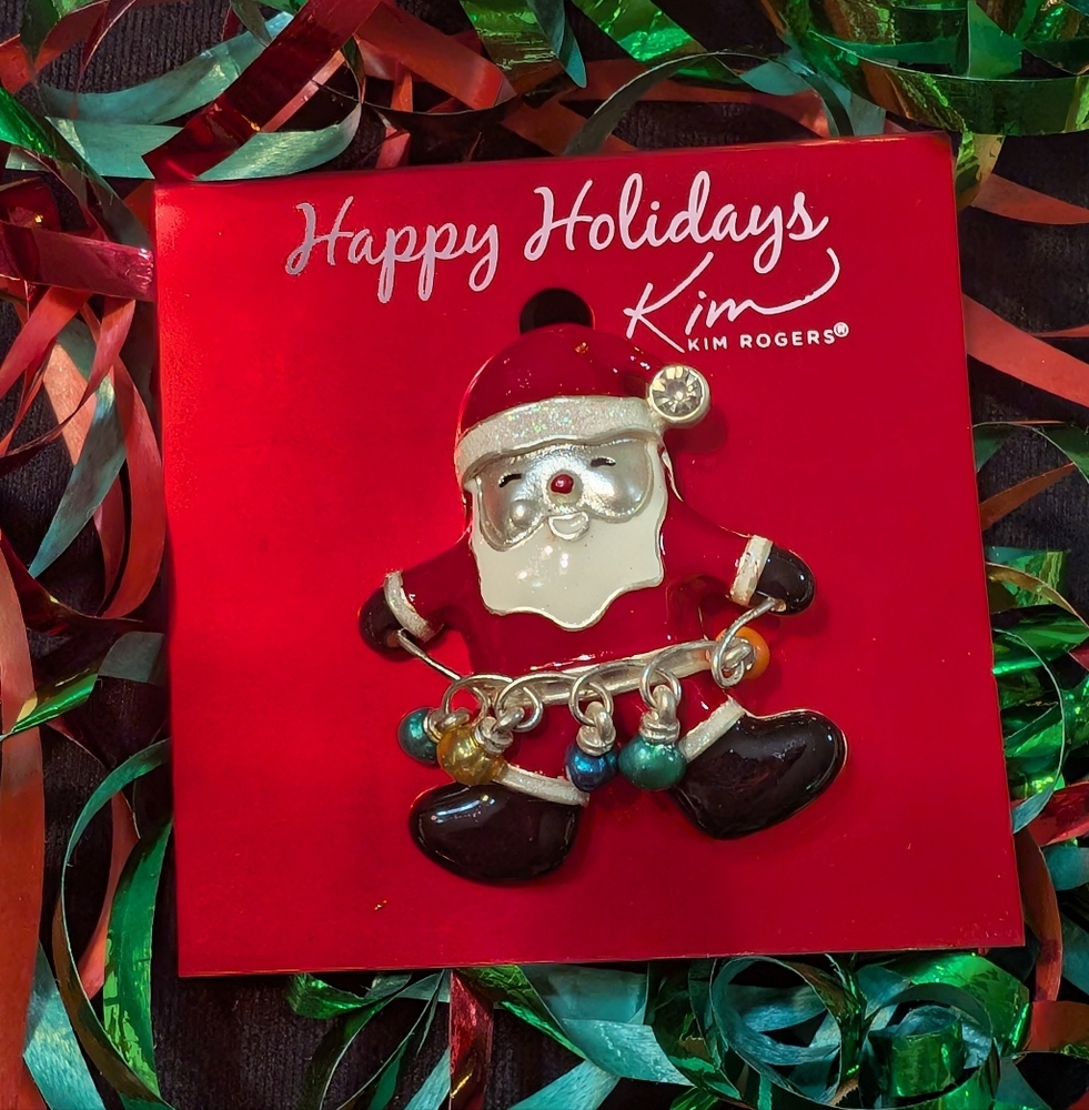 KIM ROGERS Happy Holidays Santa Brooch Jingle Bells Pin NEW!